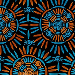 Bohemian Mandala Crochet Pattern - Boho Medallion - Ancient Ethnic Ornament Obereg - Folk Magic Shamanic Tribal Mood - Deep Cyan Blue Dark Sea Shade - Medium Ochre Orange Brown - on Black Large