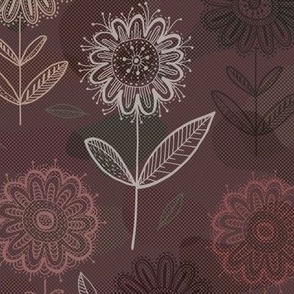 hand drawn fantasy flowers on organic shapes, chocolate brown 