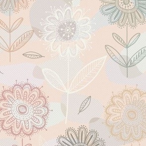 hand drawn fantasy flowers on organic shapes, soft pink 