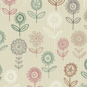 hand drawn flowers on a linework texture on soft green