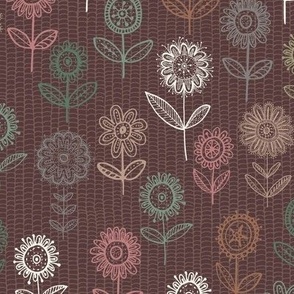 hand drawn flowers on a linework texture on chocolate brown 