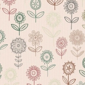 hand drawn flowers on a linework texture on soft pink 