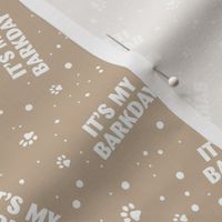 Scandinavian vintage boho style barkday design with confetti paws and happy birthday text for dogs on tan 