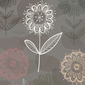 hand drawn fantasy flowers on organic shapes, grey