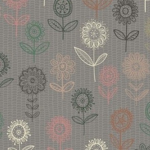 hand drawn flowers on a linework texture on grey