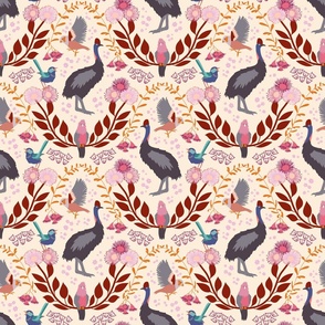 Cassowary Craze // medium // Australia, birds, flowers, pink, grey