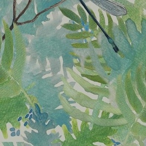 Bird And Dragonflies In The Ferns Pattern Blues And Greens Large Scale
