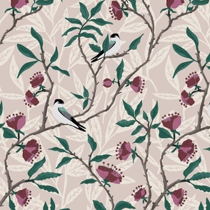 swallows branches with flowers neutral beige - medium scale