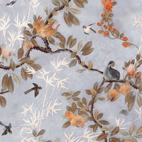 CHATEAU CHINOISERIE ON VINTAGE DUSTY BLUE SKY