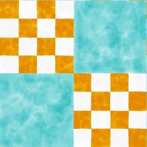 Quilt Patch Block Orange and Teal Watercolor