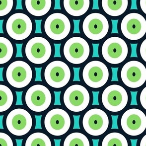 Irregular circles, Green with white on a light blue background