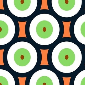 Large irregular circles, Green with white on an orange background