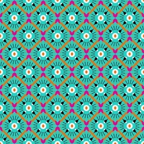 Imitation of complex knitting, Turquoise diamonds on a pink background