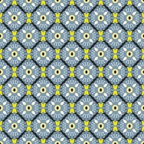 Imitation of complex knitting, Gray-blue rhombuses on a yellow background