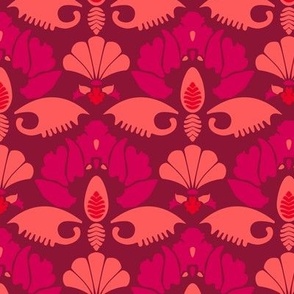 Japanese motifs, Coral-pink on a red background