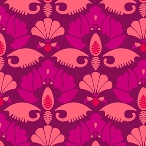 Japanese motifs, Coral-raspberry on a dark pink background