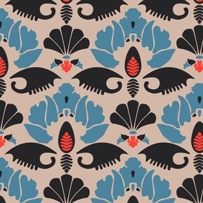 Japanese motifs, Gray-blue with black on a beige background