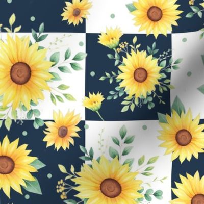 Large Scale Watercolor Sunflowers on Navy and White Checker
