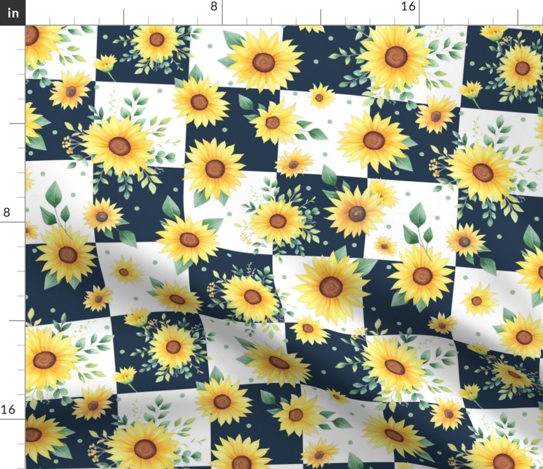 Large Scale Watercolor Sunflowers on Navy and White Checker