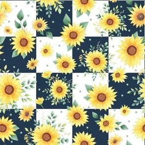 Medium Scale Watercolor Sunflowers on Navy and White Checker