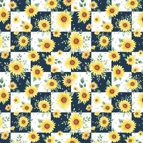 Small Scale Watercolor Sunflowers on Navy and White Checker