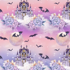 Dreamy Halloween Castle | Bats Floral Pastel Sky