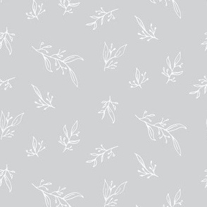 Delicate Floral, Clean Leaf Floral, White on Gray