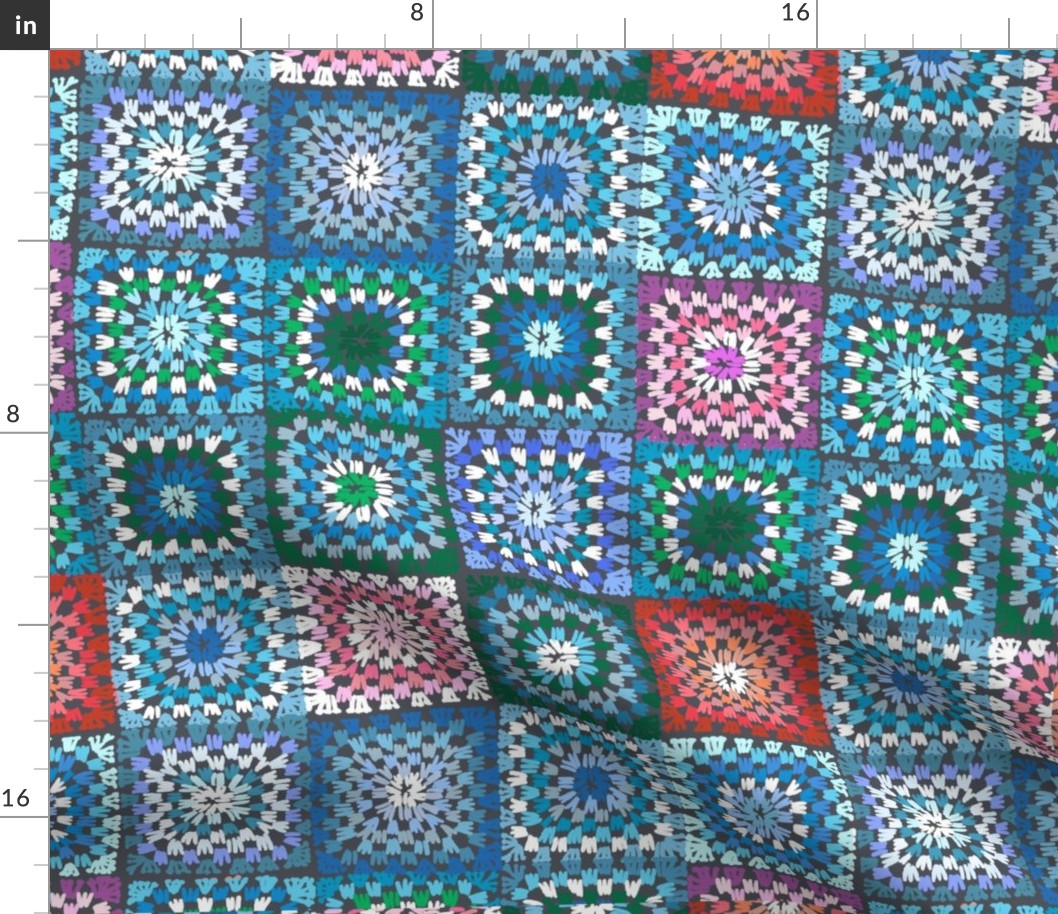 Granny squares quilt in beautiful multicolor blues