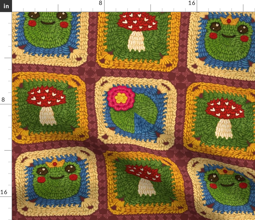 Woodland Frog Mushroom Granny Squares - Large Square