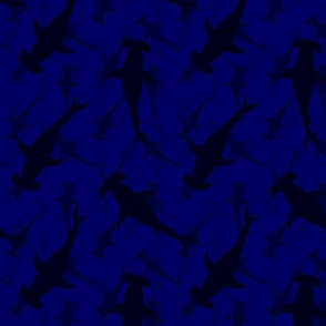 Hammerhead Sharks in Dark Silhouette Circling in Dark Blue Water
