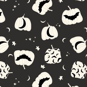 white bat _ moon pumpkins on faded black