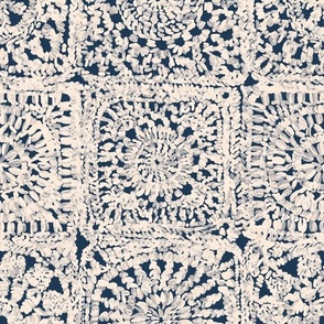 White Lacy Granny Squares on Navy