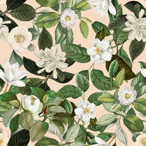 18" Lush Antique Magnolia Flowers - Vintage Magnolias home decor, Nostalgic  wallpaper,Magnolia Fabric - Flowers Fabric -  Magnolia Wallpaper beige