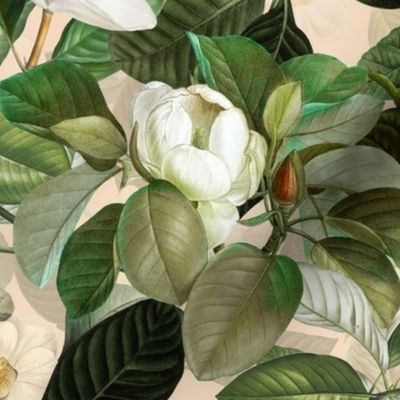 18" Lush Antique Magnolia Flowers - Vintage Magnolias home decor, Nostalgic  wallpaper,Magnolia Fabric - Flowers Fabric -  Magnolia Wallpaper beige double layer