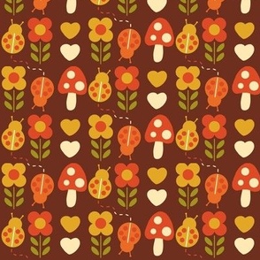 Small Scale Retro bugs and flowers in Brown