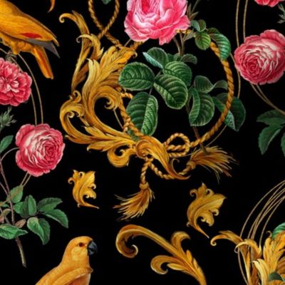 Vintage Parrot Birds Nostalgic Baroque Golden Ornaments And Gold Frames, Dark Moody Floral Redouté Roses Flowers  - dramatic black