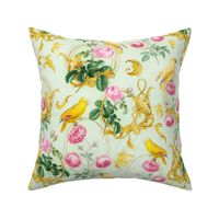 Vintage Parrot Birds Nostalgic Baroque Golden Ornaments And Gold Frames, Redouté Roses Flowers  - light green