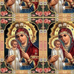 32 crown gold halo roses Jesus Christ Virgin Mary Christianity Catholic religious mother Madonna child baby crown floral flowers pearls beautiful  son woman gold gems jewels pink white red blue dress green flowers motherhood covered veil embroidery Victor
