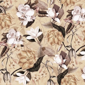  Lush Antique Magnolia Flowers - Vintage Magnolias home decor, Nostalgic  wallpaper,Magnolia Fabric - Flowers Fabric -  Magnolia Wallpaper beige double layer