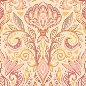 Soft Pink, Yellow and Cream Nouveau Damask - large scale