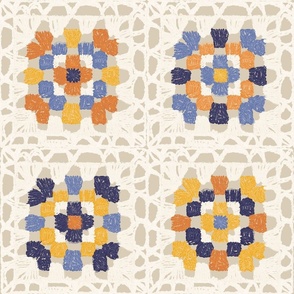 Medium - Granny square crochet Scribbles 1 - Neutral, orange and blue