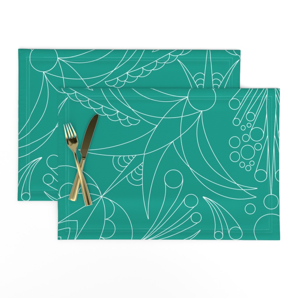 Hummingbird Charm White Outline on Teal Green Simple Geometric Floral with Birds