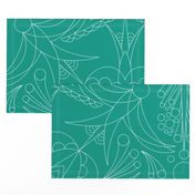 Hummingbird Charm White Outline on Teal Green Simple Geometric Floral with Birds