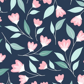 Large Ditsy Floral Tulips Pink on Navy 24in