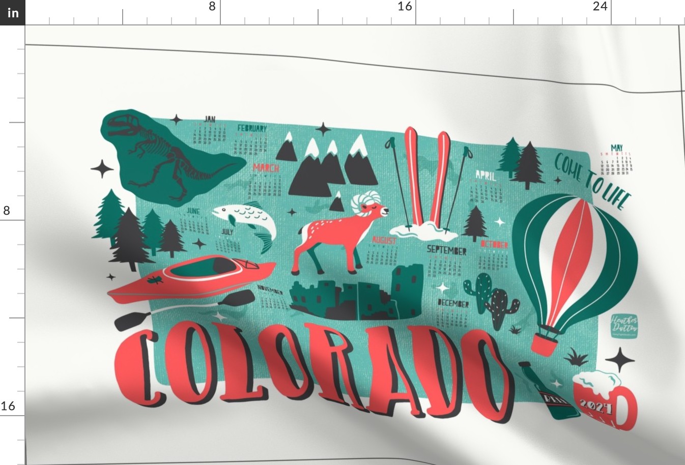 2024 Calendar Colorado Illustrated Map Tea Towel and Wall Hanging