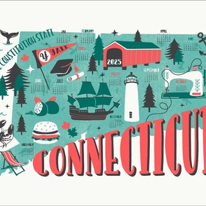 2024 Calendar Connecticut Illustrated Map Tea Towel and Wall Hanging