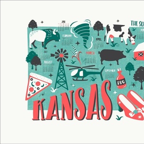 2024 Calendar Kansas Illustrated Map Tea Towel and Wall Hanging