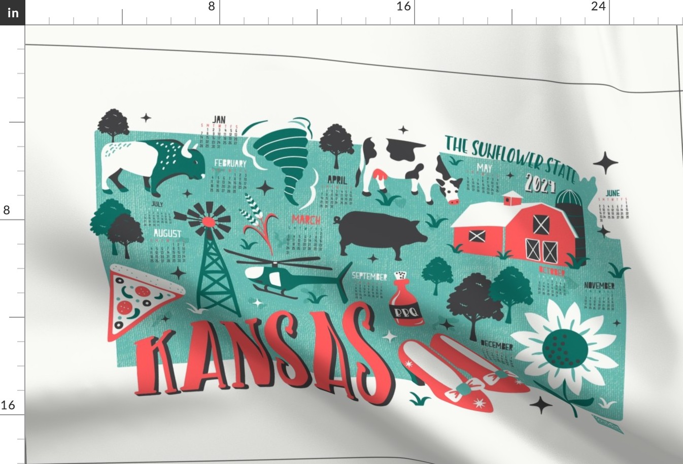 2024 Calendar Kansas Illustrated Map Tea Towel and Wall Hanging