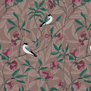 swallows branches with flowers warm brown - medium scale