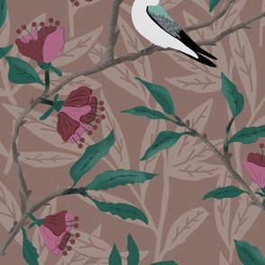 swallows branches with flowers on a warm brown background - large scale